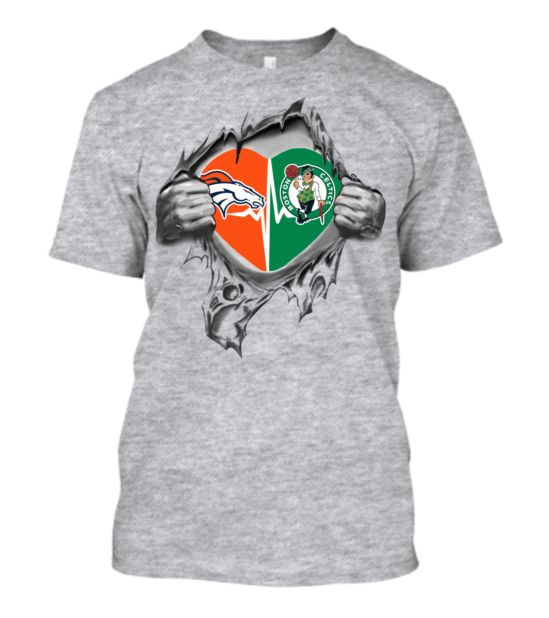 Heart Torn Open Broncos Celtics Fusion T-Shirt