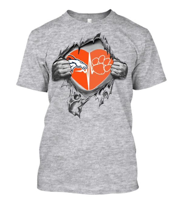 Broncos Clemson Tigers Heart Design Dual Logo With Rip Effect T-Shirt