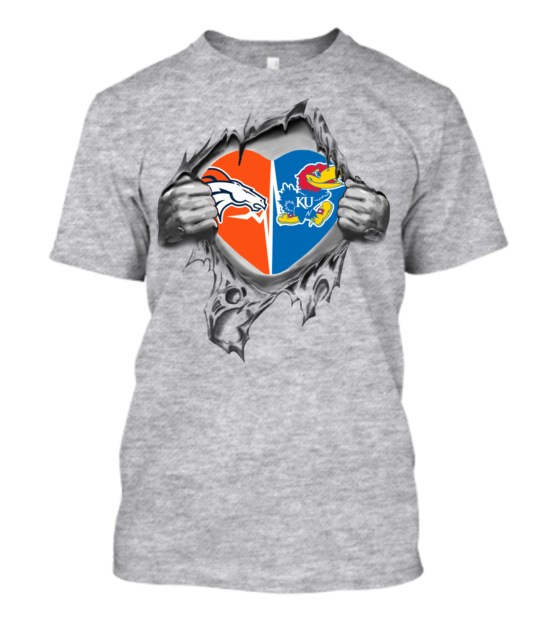 Broncos Kansas Jayhawks Heart Logo Rip T-Shirt