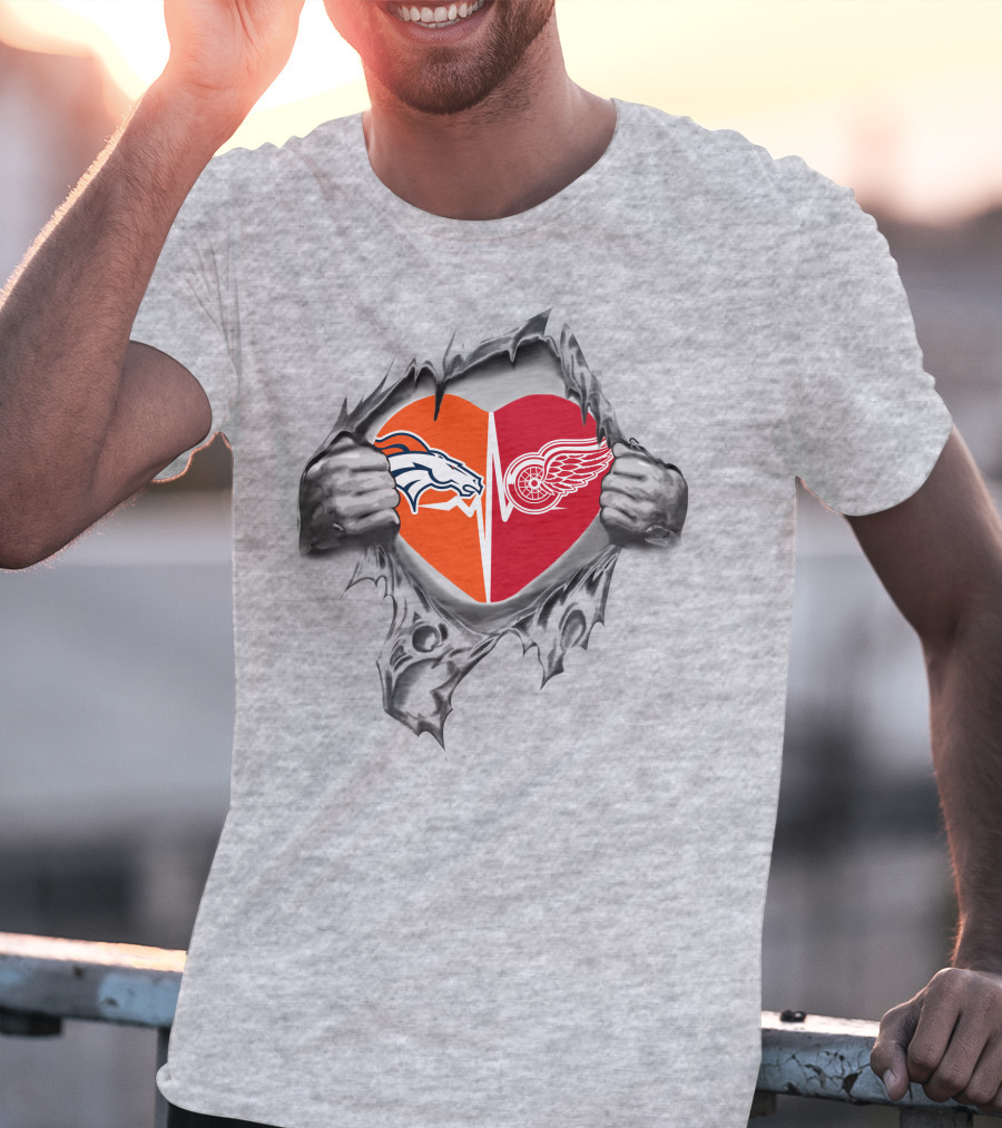 Broncos Red Wings Heart Iconic Fan Love Combining Logos T-Shirt