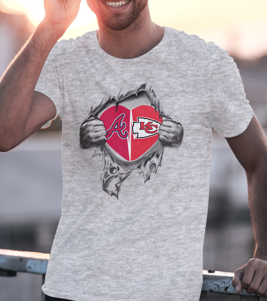 Chiefs Braves Heart Logos Torn Fabric T-Shirt