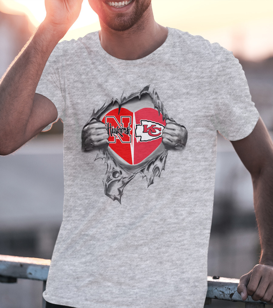 Chiefs Huskers Heart Torn Open Design Football Loyalty T-Shirt