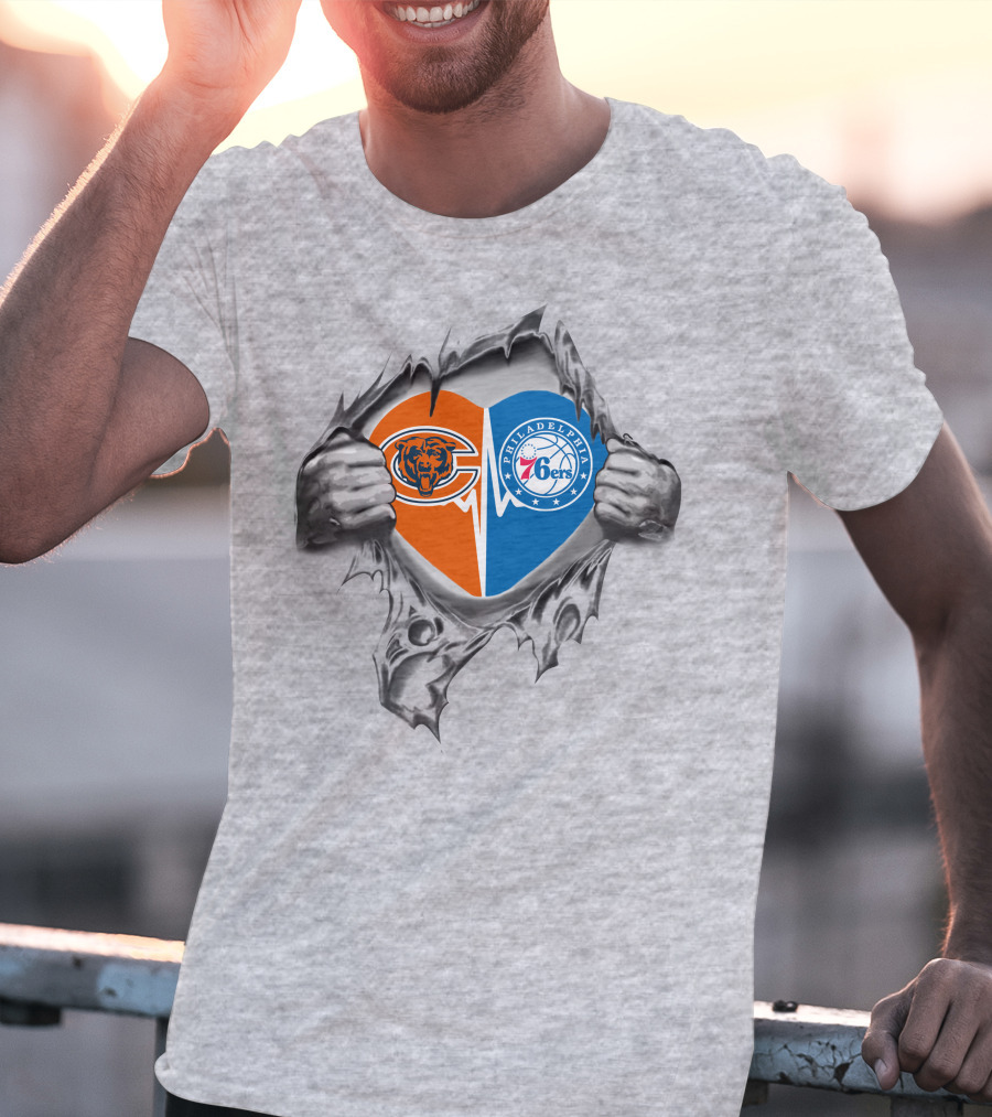 Chicago Bears And Philadelphia 76ers Heart With Tearing Hands T-Shirt