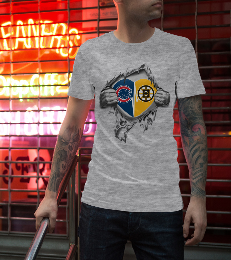 Cubs Bruins Heartbeat Split Torn Fabric Hands T-Shirt