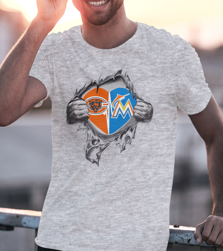 Chicago Bears Miami Marlins Heart T-Shirt