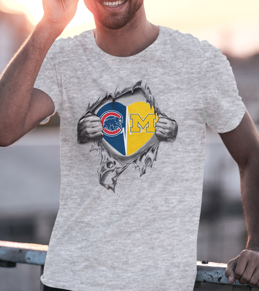Cubs Michigan Heart Emblem With Hands Tearing T-Shirt