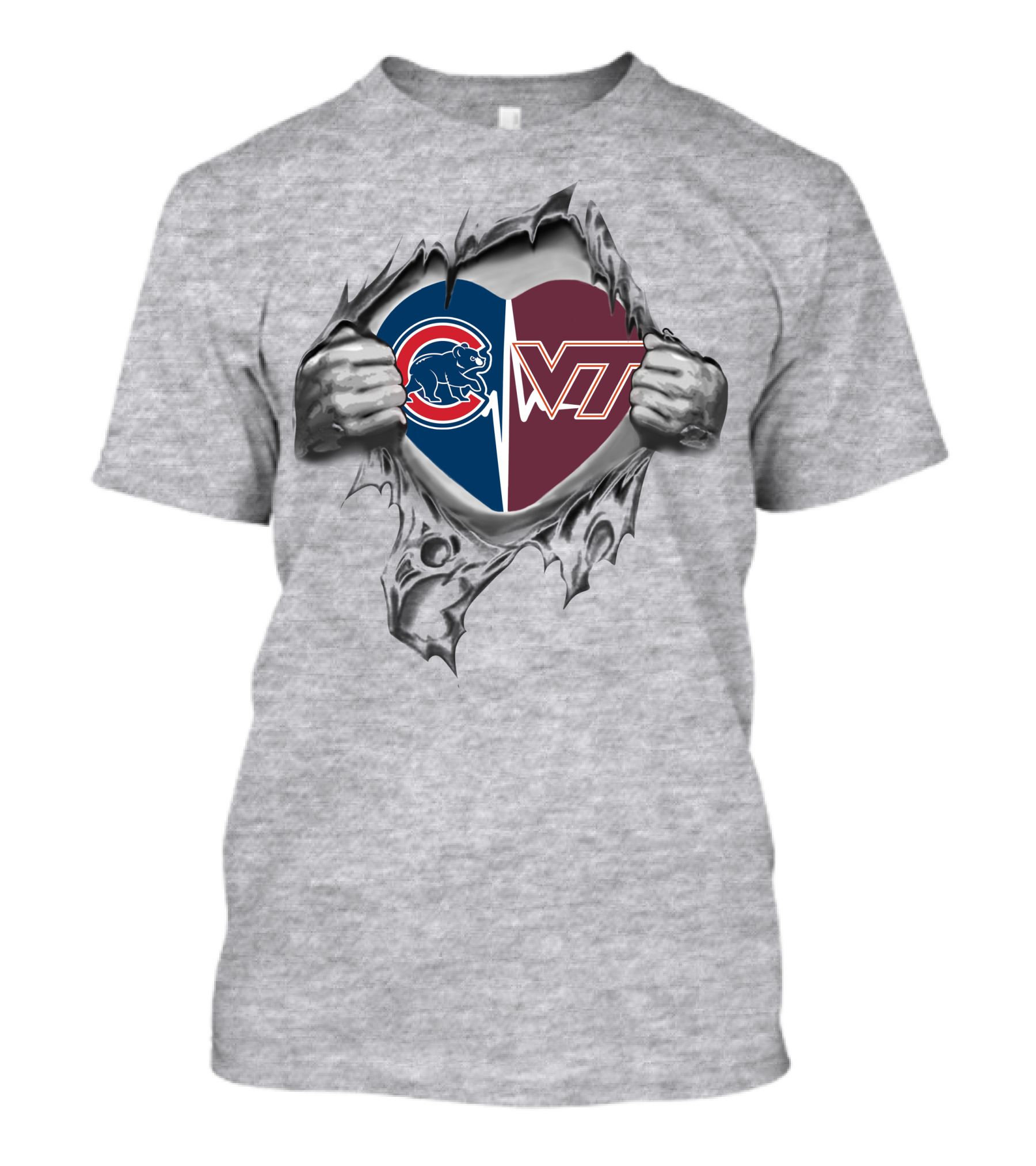 Cubs And Virginia Tech Heart Graphic Tear T-Shirt
