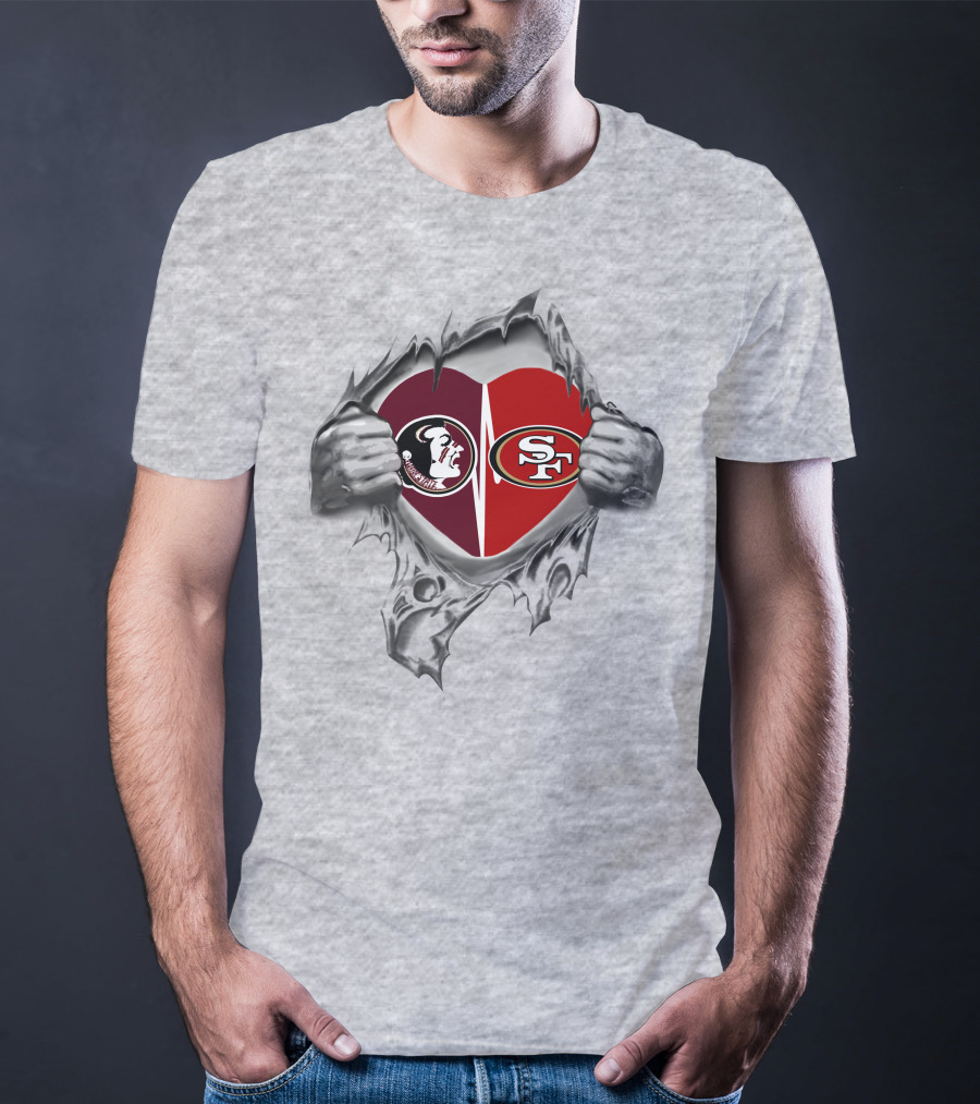 49ers Sf Seminoles Heart Logo Peeking Through Torn Fabric T-Shirt