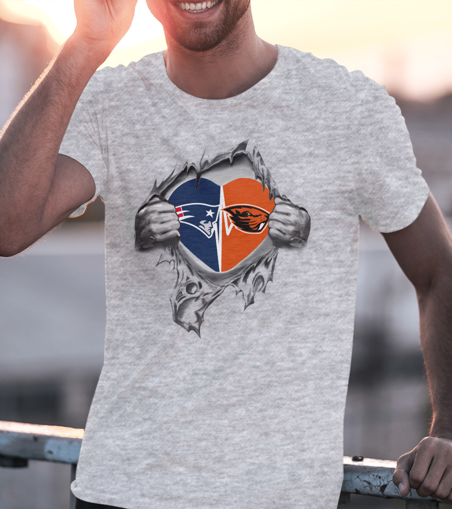 Patriots Beavers Heart Symbol With Hands Ripping Through T-Shirt