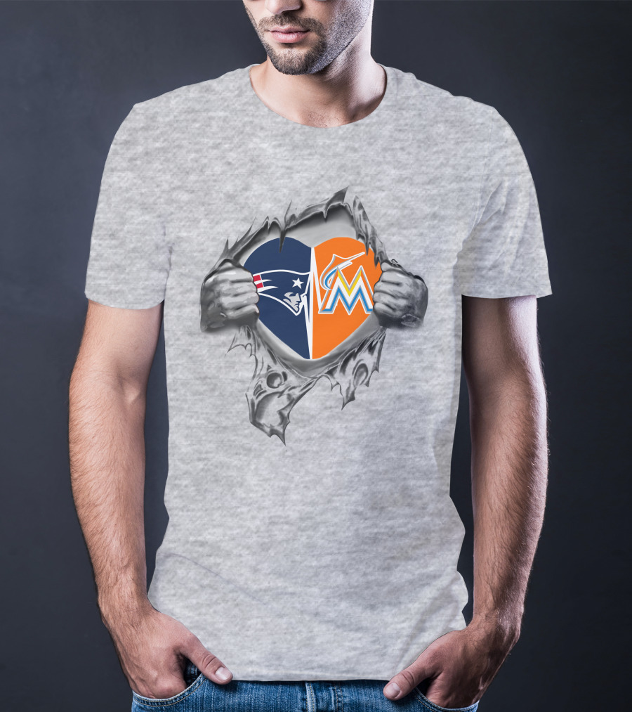 Patriots Marlins Heart Split With NFL And MLB T-Shirt