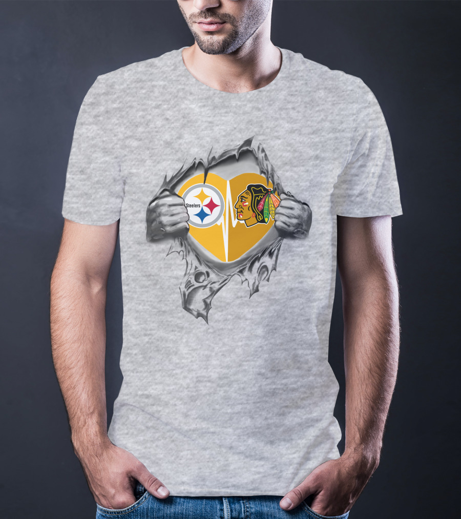 Steelers Blackhawks Heart Exposed Through Torn Surface Hands T-Shirt