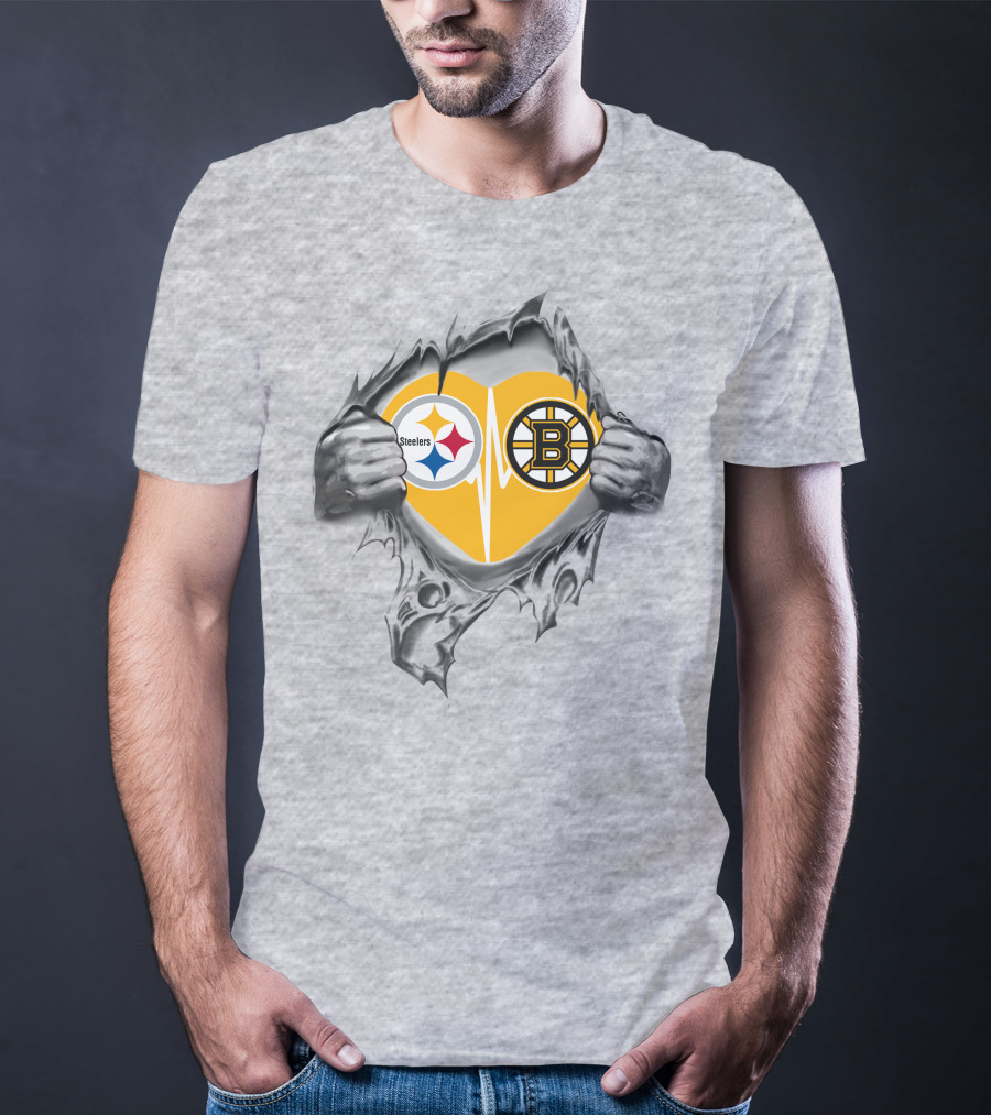 Steelers Bruins Heart Torn Open With Logos T-Shirt