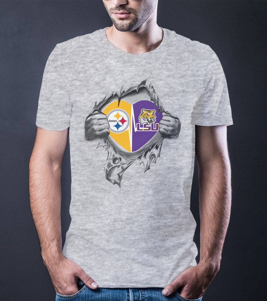 Steelers LSU Heart With Logos And Tiger T-Shirt
