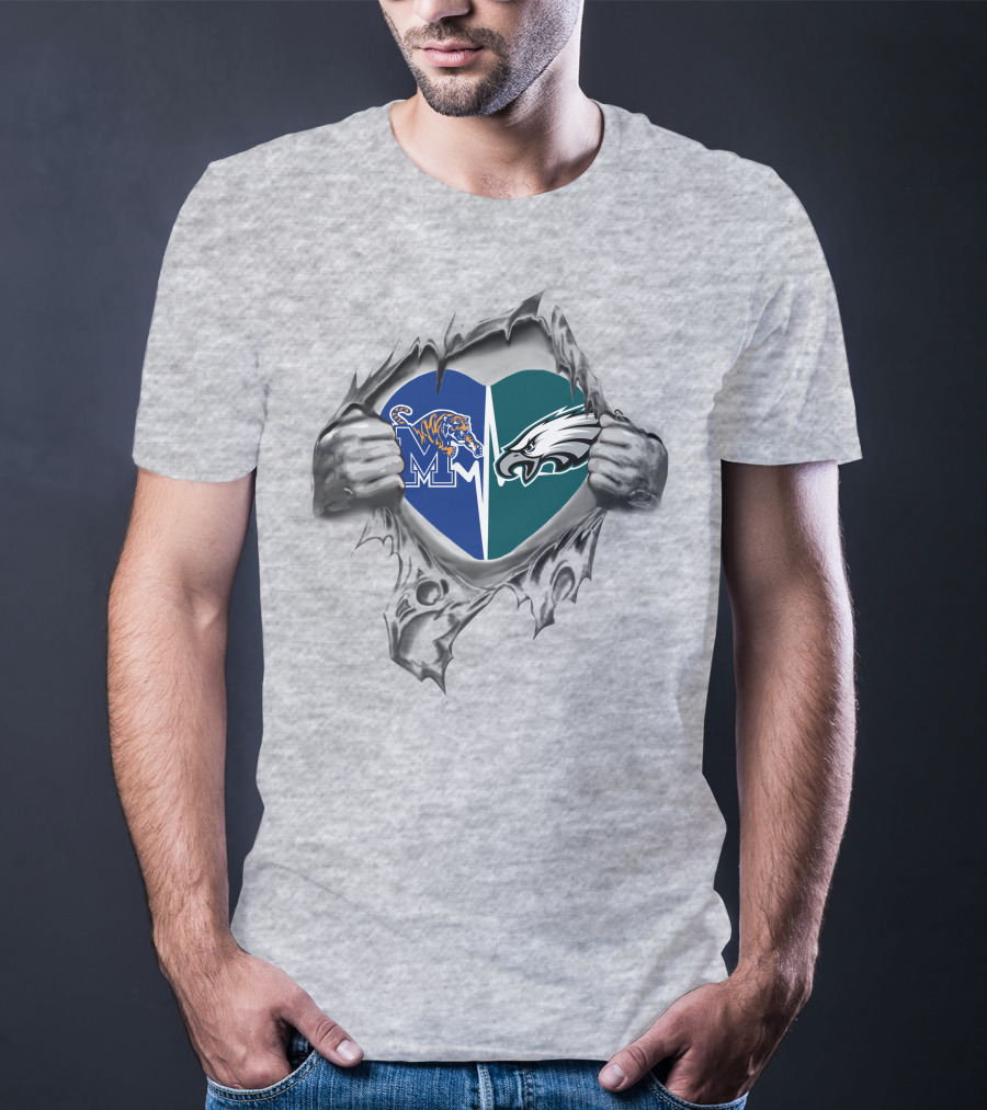 Eagles Memphis Tigers Heart Logos Together T-Shirt