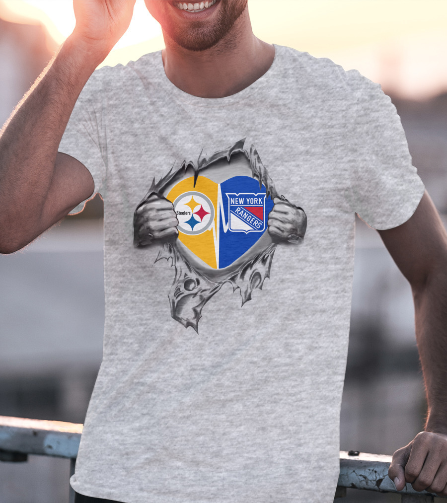 Steelers New York Rangers Heart Steel Tear T-Shirt