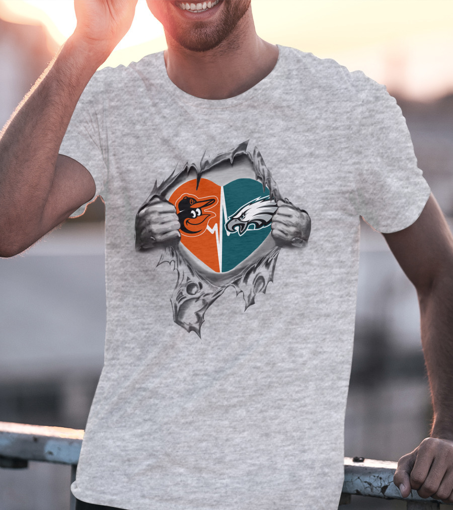 Eagles Orioles Heart Logos Torn Reveal T-Shirt