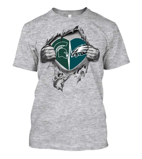 Eagles Spartans Heart Split With Hands Ripping T-Shirt