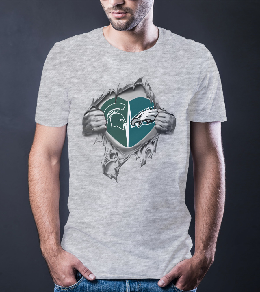Eagles Spartans Heart Split With Hands Ripping T-Shirt