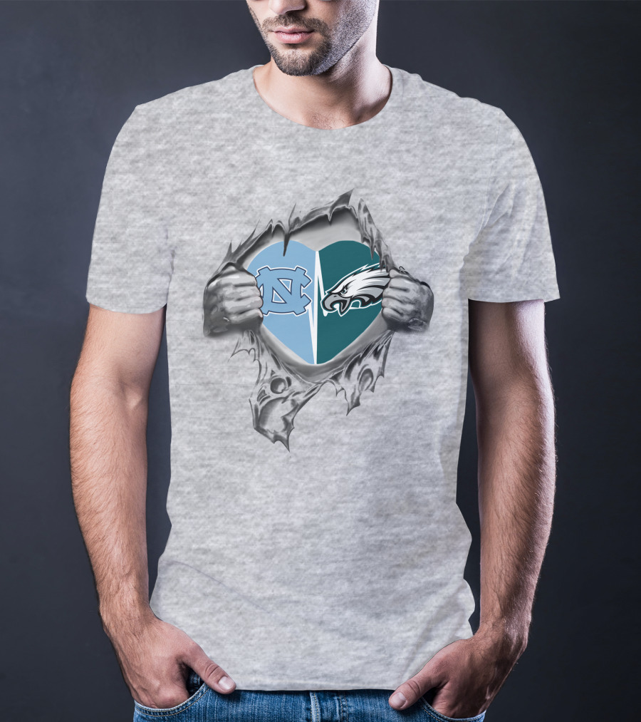 Eagles Tar Heels Heart Design With Hands Tearing Background T-Shirt