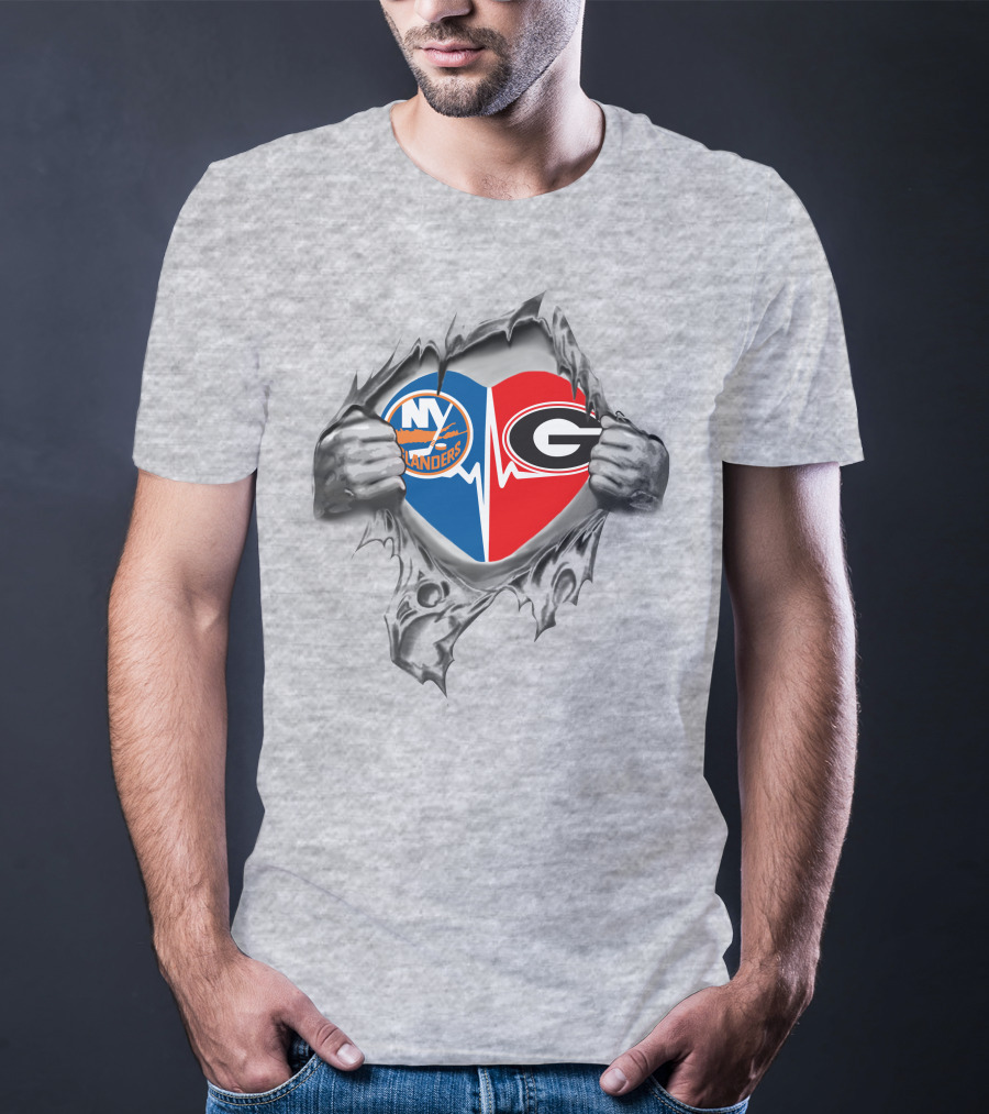 New York Islanders Georgia Bulldogs Heartbeat Logo Fan T-Shirt