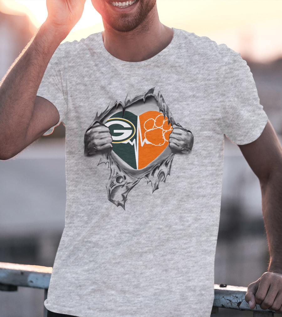 Green Bay Packers Clemson Tigers Heartbeat Logo Combination T-Shirt