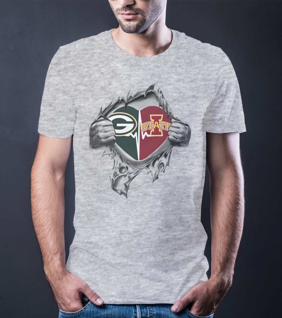 Green Bay Packers Iowa State Cyclones Heart Logo Ripped T-Shirt