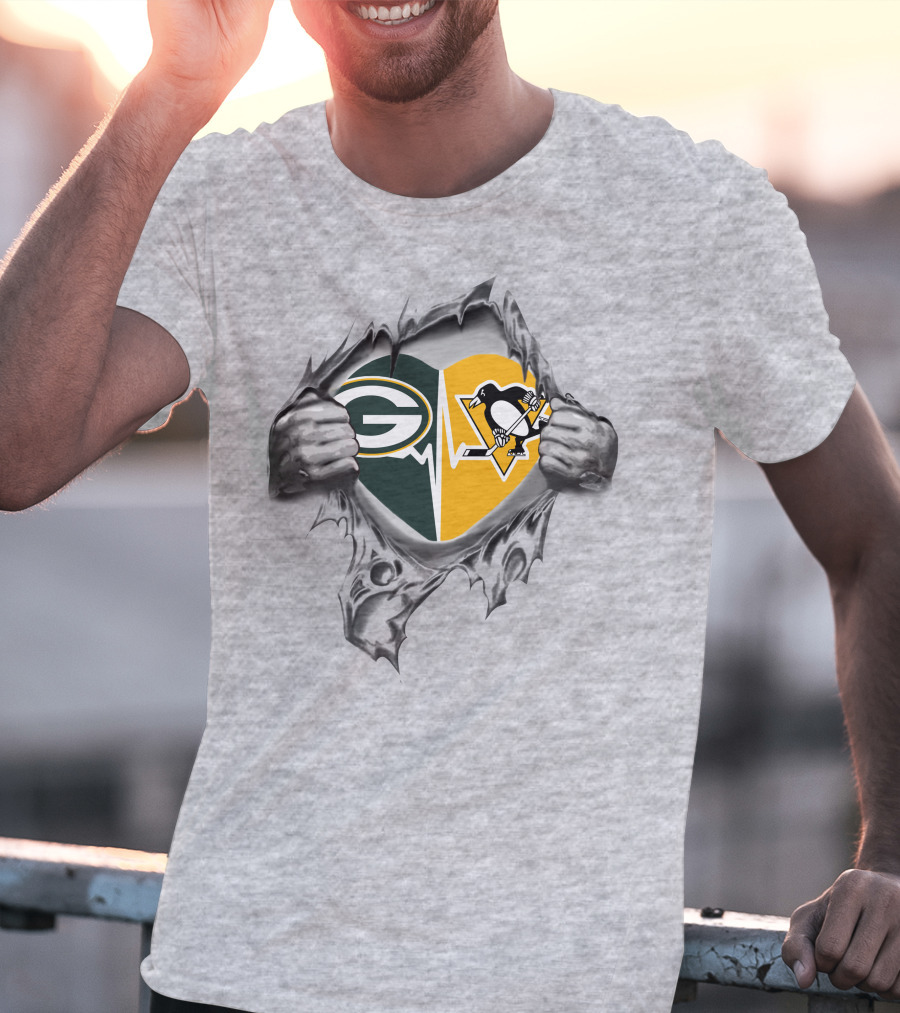 Green Bay Packers Pittsburgh Penguins Heartbeat Fusion T-Shirt