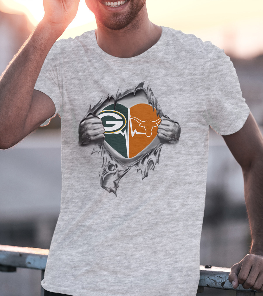 Green Bay Packers Heartbeat Texas Longhorns Logo Fusion T-Shirt