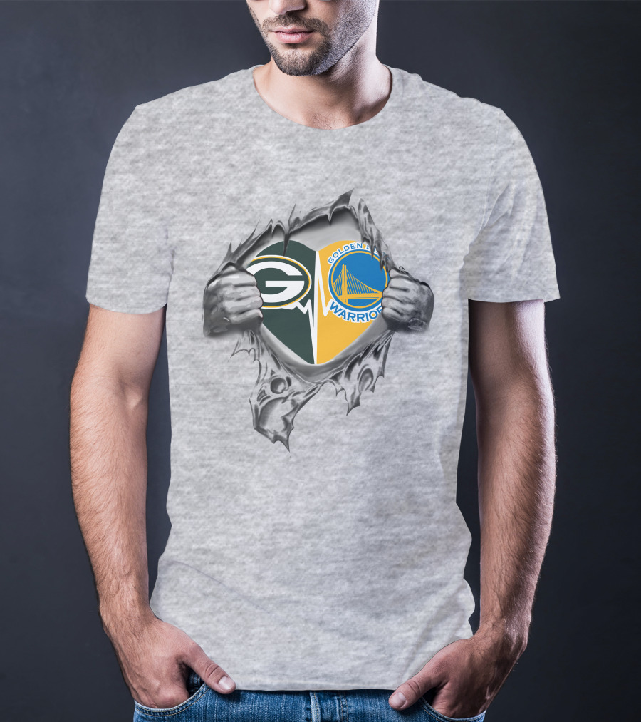 Green Bay Packers Golden State Warriors Logos In Torn T-Shirt