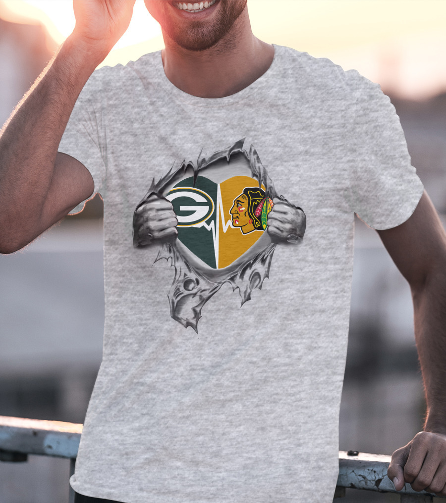 Green Bay Packers Chicago Blackhawks Heartbeat Rip T-Shirt