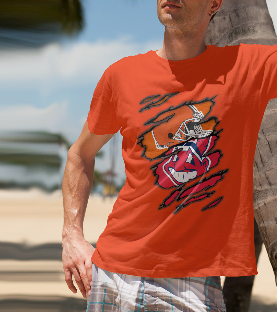 Cleveland Browns Helmet Retro Indians Chief Wahoo Claw Marks Logo Combination T-Shirt