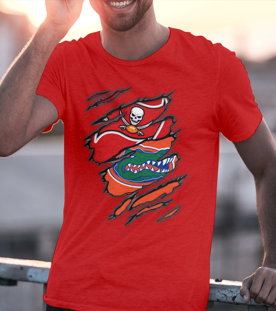 Buccaneers Gators Skull Football And Alligator Dual Logo Burst T-Shirt