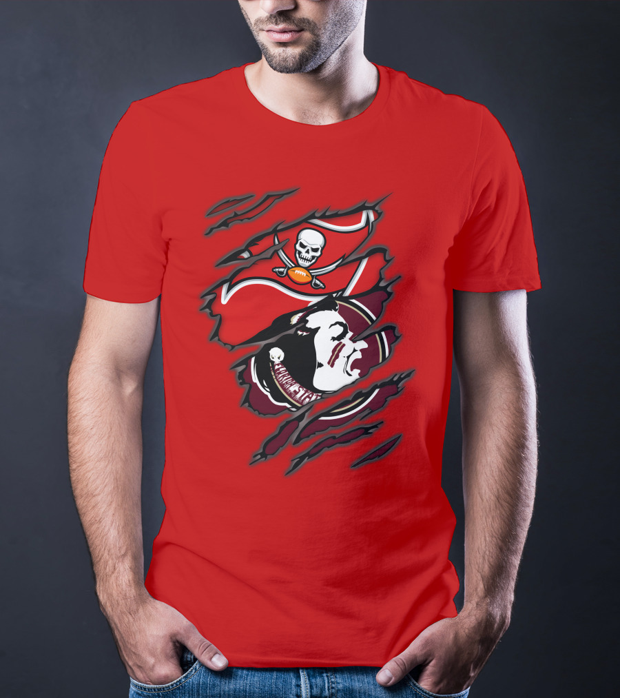 Buccaneers Seminoles Skull And Tomahawk Football Fusion T-Shirt
