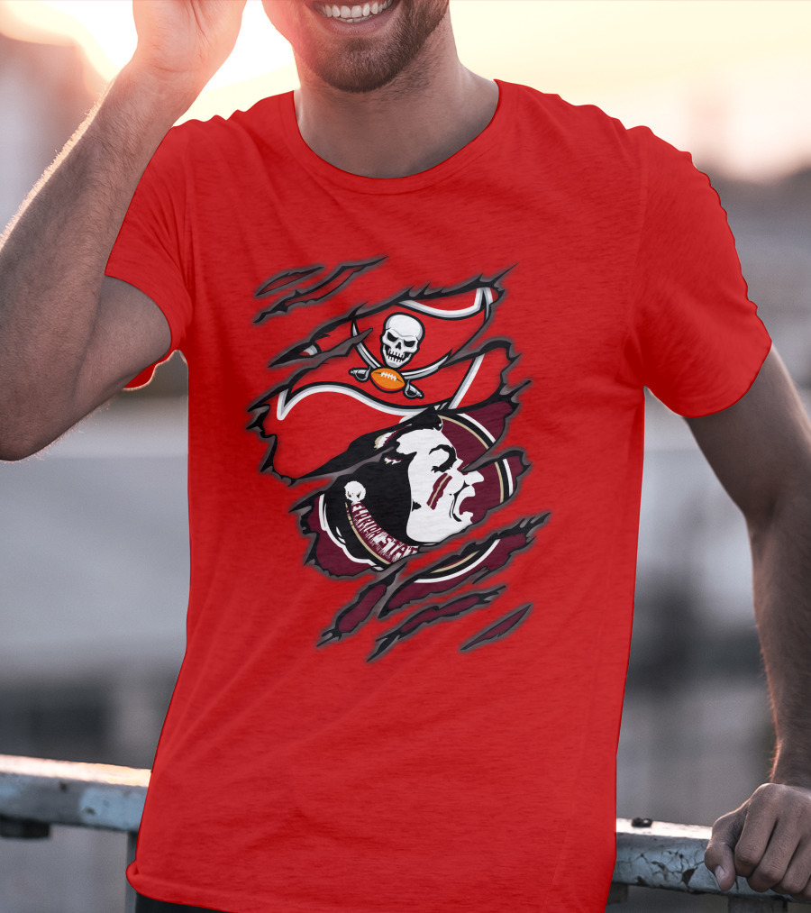 Buccaneers Seminoles Skull And Tomahawk Football Fusion T-Shirt