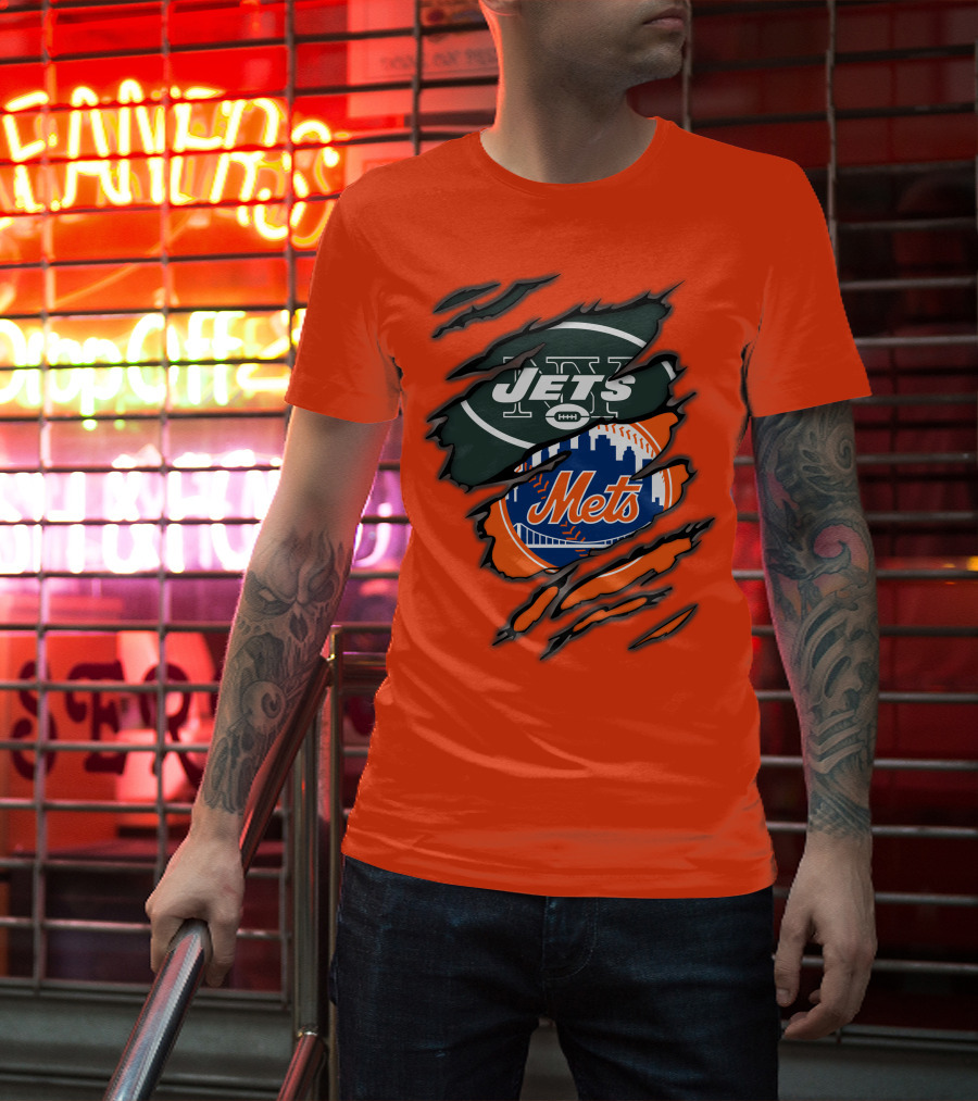 Jets Mets Nfl Mlb Ripped Logo Fusion T-Shirt
