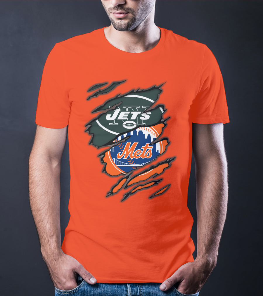 Jets Mets Nfl Mlb Ripped Logo Fusion T-Shirt