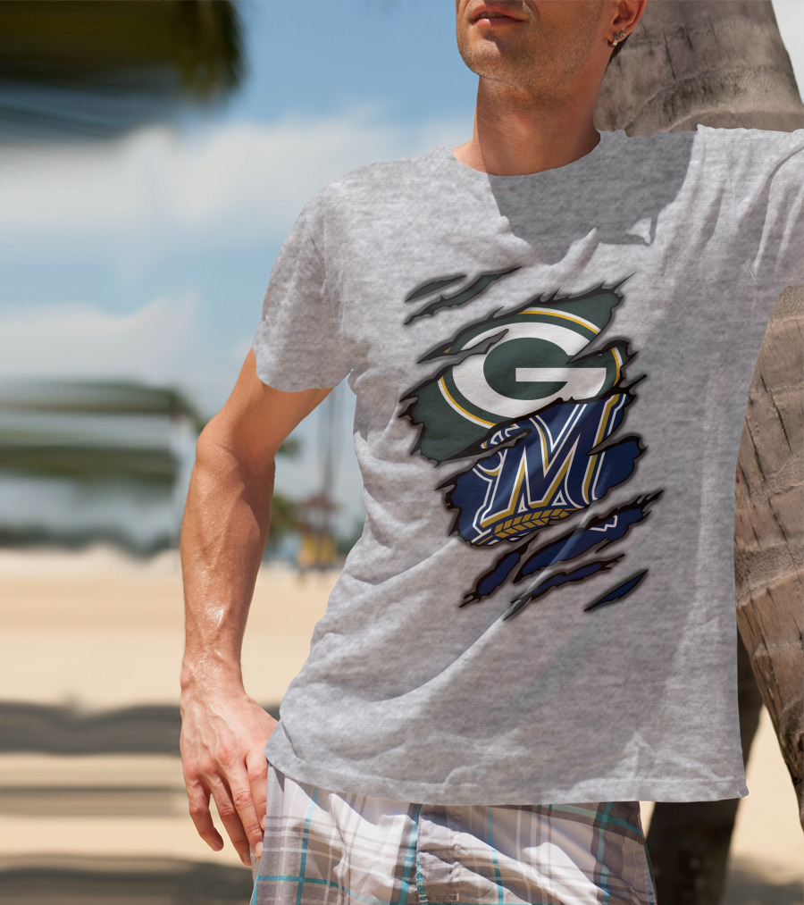 Green Bay Packers Milwaukee Brewers Logos Torn Claw Marks T-Shirt