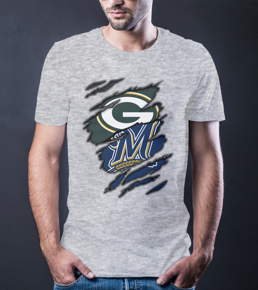 Green Bay Packers Milwaukee Brewers Logos Torn Claw Marks T-Shirt