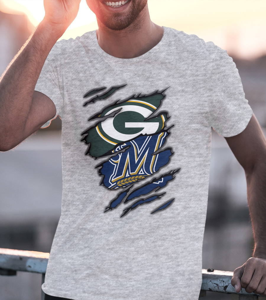 Green Bay Packers Milwaukee Brewers Logos Torn Claw Marks T-Shirt