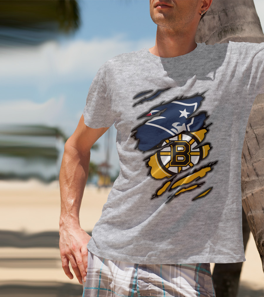 Patriots Bruins New England Football Boston Hockey Fan Collaboration T-Shirt