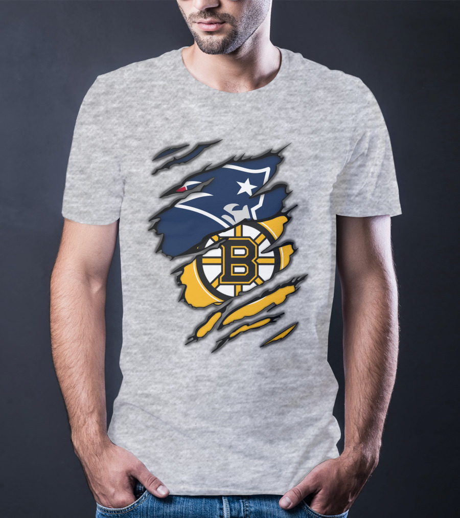 Patriots Bruins New England Football Boston Hockey Fan Collaboration T-Shirt