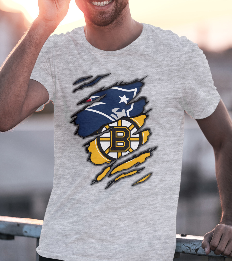 Patriots Bruins New England Football Boston Hockey Fan Collaboration T-Shirt