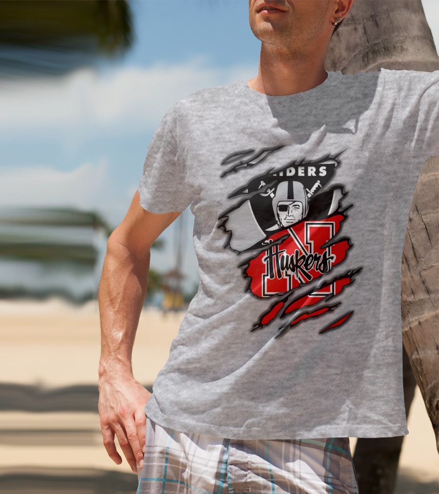 Raiders Huskers Torn Design With Icons And Symbols T-Shirt