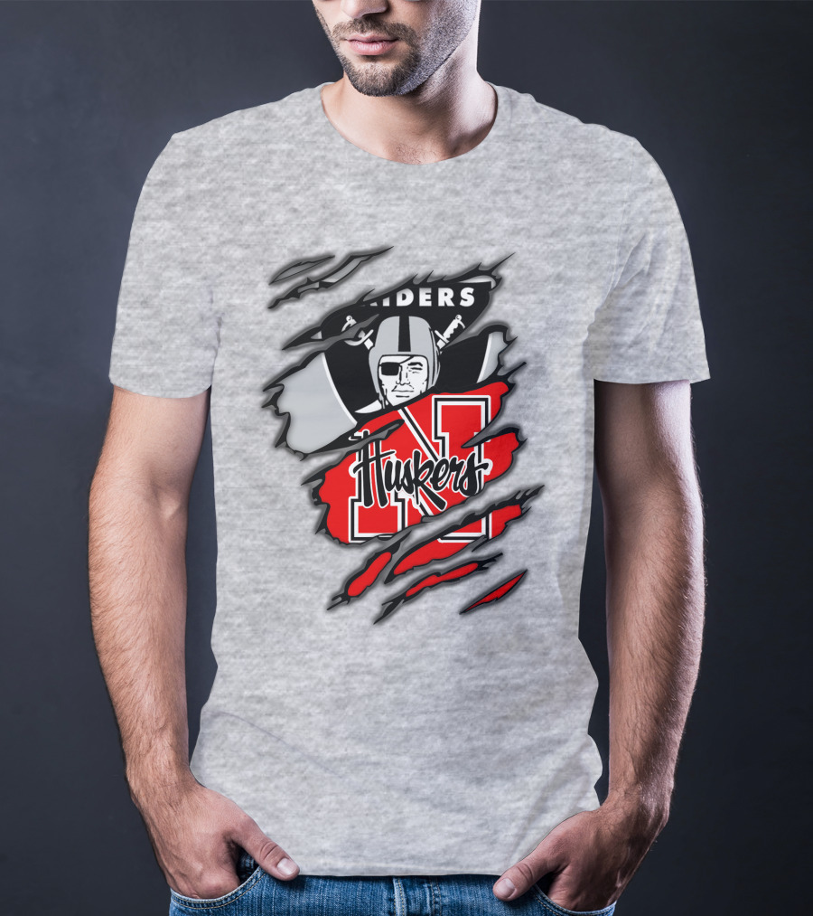 Raiders Huskers Torn Design With Icons And Symbols T-Shirt