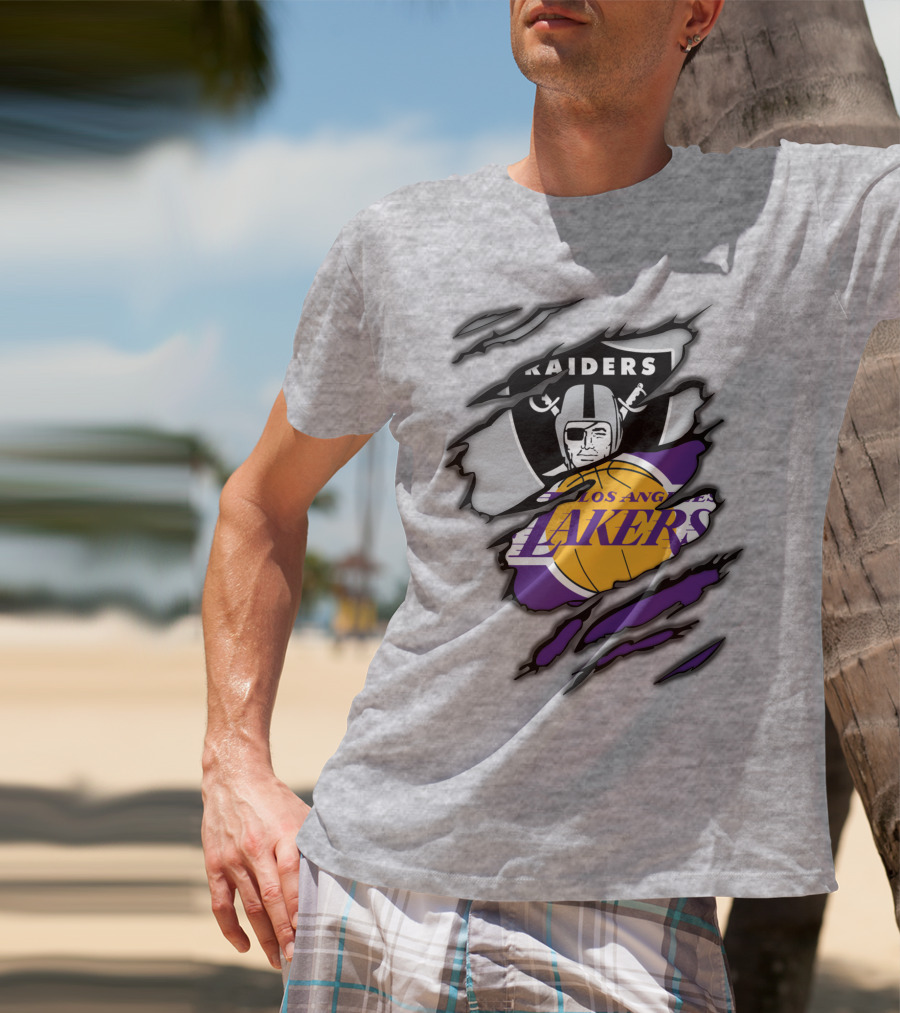 Raiders Los Angeles Lakers Basketball Football Fan Mashup T-Shirt