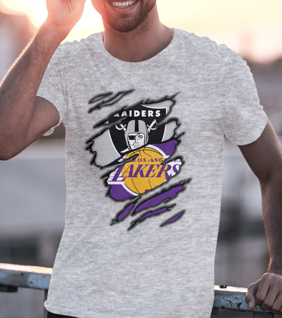 Raiders Los Angeles Lakers Basketball Football Fan Mashup T-Shirt