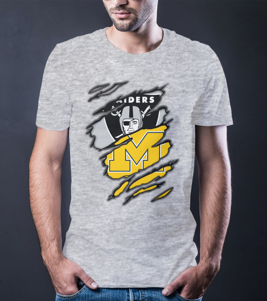 Raiders Logo With Michigan Block M Torn Overlay T-Shirt