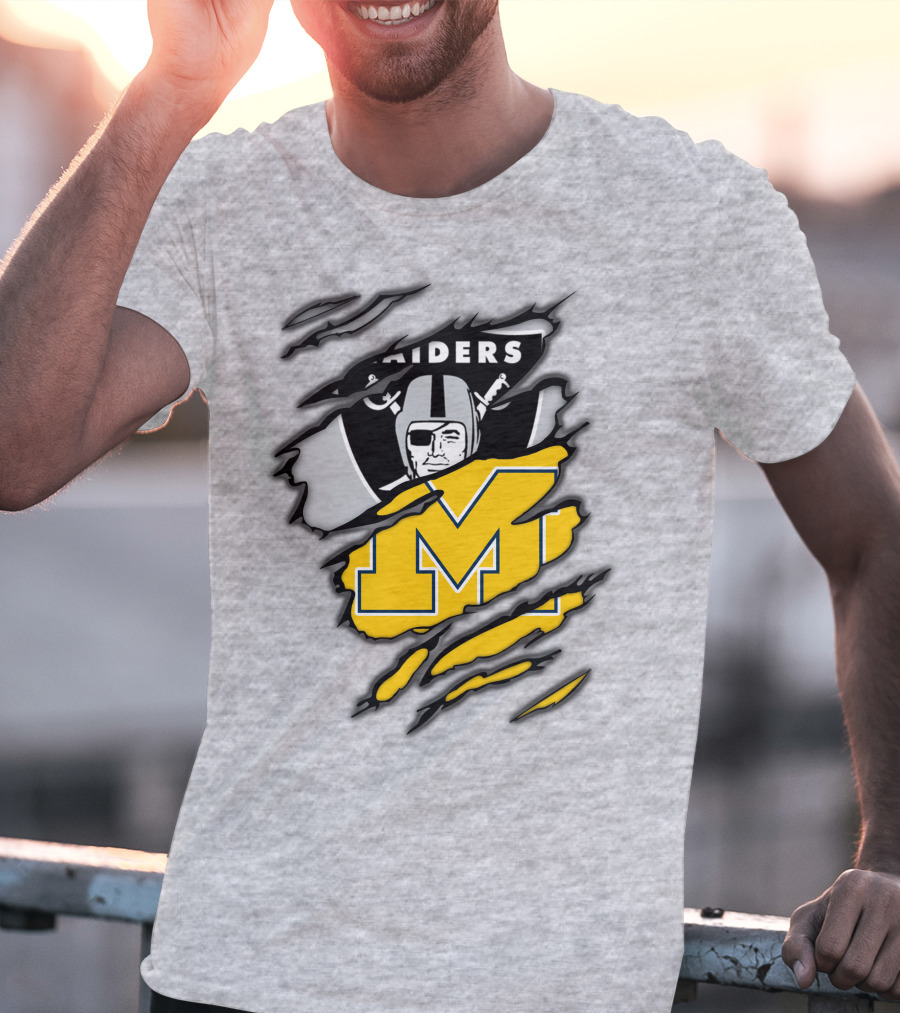 Raiders Logo With Michigan Block M Torn Overlay T-Shirt