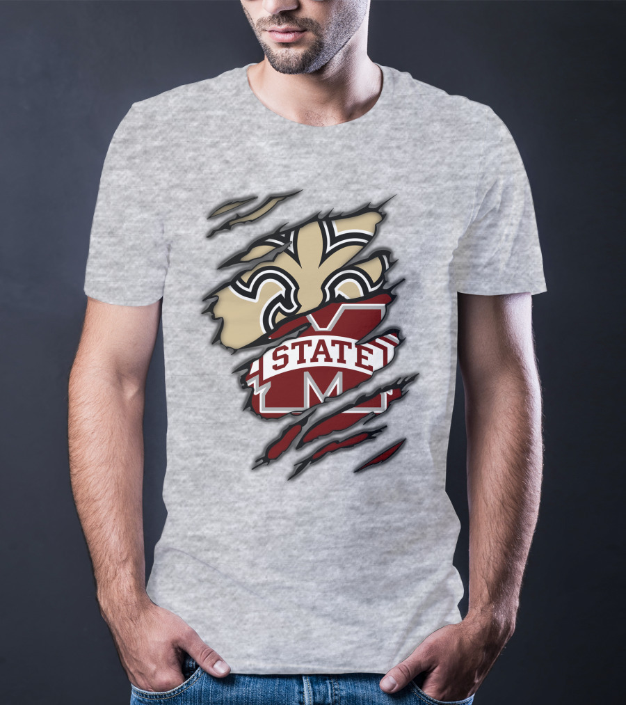 Saints Mississippi State Bulldogs Fleur-de-Lis Logo Combo T-Shirt
