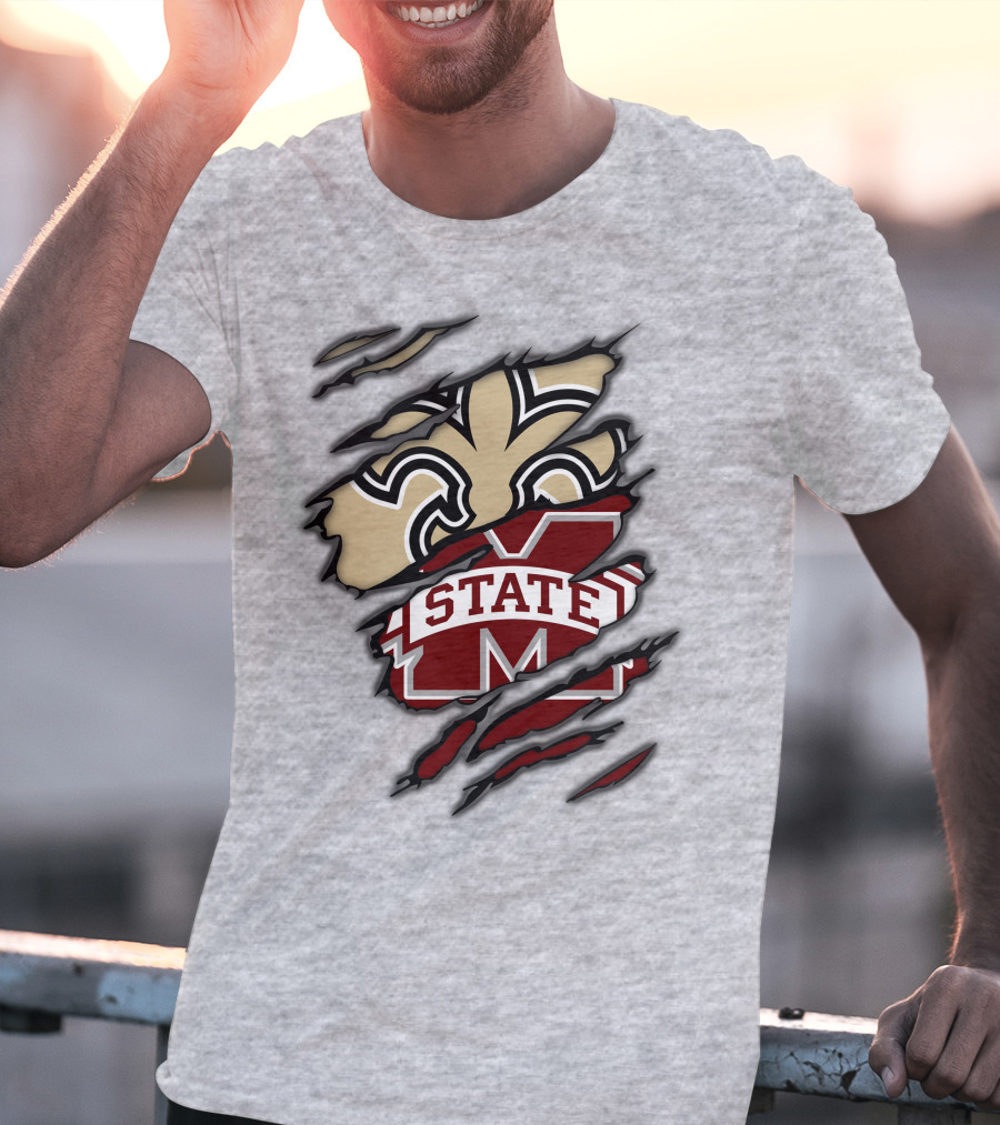 Saints Mississippi State Bulldogs Fleur-de-Lis Logo Combo T-Shirt